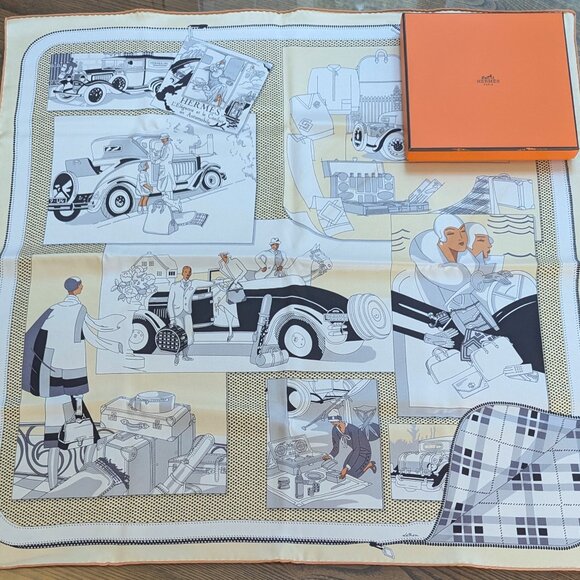 HERMES L'Elegance et le Confort en Automobile 70 cm Cream Silk Square Scarf RARE - Picture 2 of 16